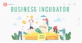 Business Incubator Landing Page Template. Businesspeople Male and Female Tiny Characters Growing Startup Egg in Nest