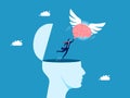 Business independent thinking. The brain has wings to take businessman out of their heads