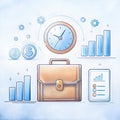 business infographic briefcase clock bar time management productivity using briefcase central metaphor, motivation achievement