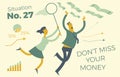 Business infographics with illustrations of business situations. Man and woman catching money with a hand and a butterfly net. Royalty Free Stock Photo