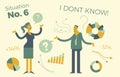 Business infographics with illustrations of business situations. Man and woman discussing work issues. Colleagues solve the proble Royalty Free Stock Photo