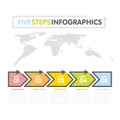 Business infographics template. Timeline with 5 arrows, steps, number options. World Map in background. Vector element Royalty Free Stock Photo