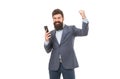 Business information. Businessman calling client hold smartphone. Good business talk. Man manager phone conversation Royalty Free Stock Photo