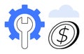 Financial Maintenance and Cloud Computing Concept with Gear, Wrench, Coin, and Cloud Elements Royalty Free Stock Photo