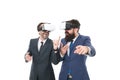 Business innovation. Vr presentation. Men vr glasses modern technology white background. Team of innovators. Virtual