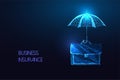 Business insurance concept with briefcase and protective umbrella in futuristic glowing style