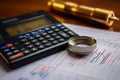 Business intelligence closeup of calculator, magnifying glass, line graph