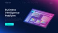 Business Intelligence Platform Landing Page Template with Gradient Background and Isometric 3d Vector Illustration glass effect Royalty Free Stock Photo
