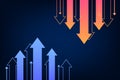 business investment graph arrow up and down background. trend stock market concept. trading exchange financial on blue background Royalty Free Stock Photo