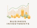 Business investment, rising graph illustration. Growing bar graph and arrow, increasing income, successful business Royalty Free Stock Photo