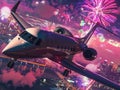 Business Jet Flying High in Sky Amidst Fireworks at New Year Festival, Luxurious Private Jet Soaring