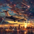 Business Jet Flying High in Sky Amidst Fireworks at New Year Festival, Luxurious Private Jet Soaring