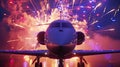 Business Jet Flying High in Sky Amidst Fireworks at New Year Festival, Luxurious Private Jet Soaring