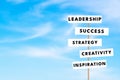 Business keywords on road sign blue sky background. leadership success concept