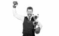 business knockout. boss show victory and authority. businessman in boxing gloves with trophy. Royalty Free Stock Photo