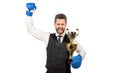 business knockout. boss show victory and authority. businessman in boxing gloves with trophy. Royalty Free Stock Photo