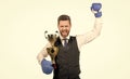 business knockout. boss show victory and authority. businessman in boxing gloves with trophy. Royalty Free Stock Photo