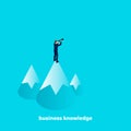 Business knowledge, isometric image, business man standing on a mountain and look out into the distance