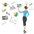 Business lady back view hand touch doodle charts and graphs