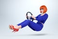 Business lady in blue driver car with a wheel, woman driving concept