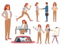 Business lady. Cartoon office woman character, various poses and actions, manager works, talks on phone, makes