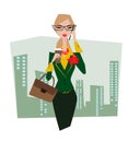 Business lady in glasses with briefcase in the street talking on the phone.