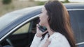Business lady making call for help for broken car with irritability out of city