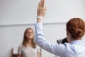 Business lady raise hand voting during business meeting Royalty Free Stock Photo