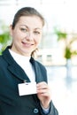 Business lady represents on her Blank ID Badge Royalty Free Stock Photo