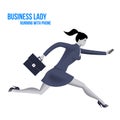 Business lady running with mobile phone template