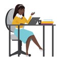 Business lady sitting at desk on chair, woman working with laptop