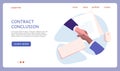 business landing page. Partners arms handshake, contract and documents signing, verification. Web banner template