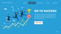 Business landing page. Successful people characters. Vector various peoples running to big goal banner template