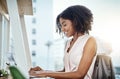 Business, laptop and black woman with startup success, workplace and connection with new project. Female professional Royalty Free Stock Photo