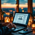 Hands using a laptop computer at night or in the dark, with a business article on the screen . Royalty Free Stock Photo