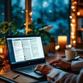 Hands using a laptop computer at night or in the dark, with a business article on the screen . Royalty Free Stock Photo