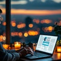 Hands using a laptop computer at night or in the dark, with a business article on the screen . Royalty Free Stock Photo