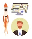 Business Launch Concept with Rocket, Leader Portrait, and Digital Performance Dashboard Royalty Free Stock Photo
