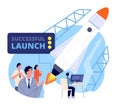 Business launch. Launching startup, fly spaceship new project. Start process, management work strategy or innovation