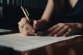 Close-up human hands view of businesswoman signing documents. Generative AI