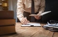 Business lawyer working hard at office desk workplace with book Royalty Free Stock Photo