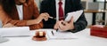 Business and lawyers discussing contract papers with brass scale on desk in office. Law, legal services, advice, justice and law Royalty Free Stock Photo
