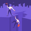 Business Leader Character Help Colleague Climb to Top of Cleft with Hoisted Red Flag, Businessman Help Teammate