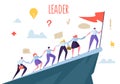 Business Leader Concept. Flat People Characters Climbing Top Peak. Teamwork and Leadership, Businessman with Flag