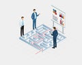 Business leader man success maze labirinth concept 3d isometric flat design vector illustration