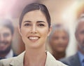 Business, leadership and happy woman with group in office for collaboration, teamwork or support. Face, smile or female Royalty Free Stock Photo