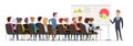 Business lecture. Managers sitting in conference hall and listen speech of business couch public executive group vector Royalty Free Stock Photo