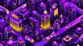 Business and life in smart cities. Isometric futuristic town with skyscrapers, a subway train, and a taxi. Modern purple