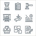 business line icons. linear set. quality vector line set such as contract, puzzle, reward, graph, growth, board, gavel, clipboard