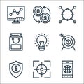 Business line icons. linear set. quality vector line set such as internet, target, insurance, target, idea, shopping bag,